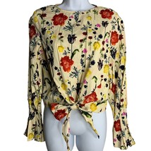 H&amp;M Floral Bell Sleeve Crop Top 4 Beige Tie Front Key Hole Button Round Neck - £11.06 GBP