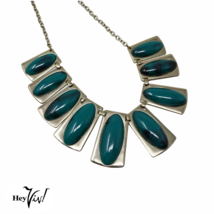 Vintage Mod Deco Silver and Green Medallion Statement Necklace 18&quot; Long -Hey Viv - £23.98 GBP