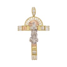 Real 10k Gold Lady Guadalupe Virgin Mary Cross Pendant Tri Color  Charm  2.7&quot; - £625.17 GBP