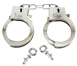4 PAIR BULK LOT ELECTROPLATED SHINY SILVER PLASTIC HANDCUFFS toy with ke... - $6.75
