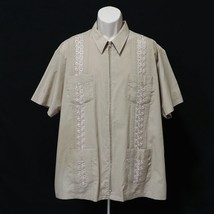 The Genuine Haband Guayabera Men&#39;s Shirt XL Zip Front Tan 4 Pocket Embroidered - $44.61