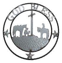 Large 24&quot; Rustic Western Praying Cowboy Cowgirl God Bless Metal Wall Circle Sign - £39.95 GBP