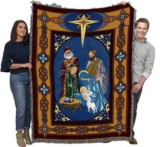 Christmas Nativity Blanket, Jesus Manger Three Wise Men Gift, Woven From Cotton, - £58.26 GBP