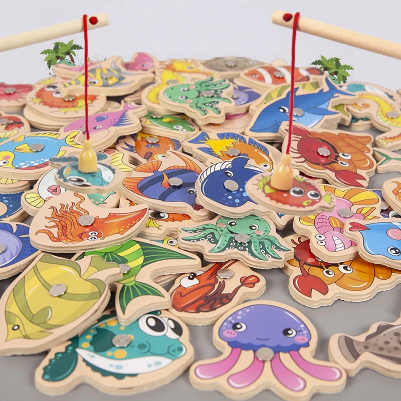 ontessori Wooden Magnetic Fishing Toys For Children Cartoon Marine Life - £10.47 GBP+