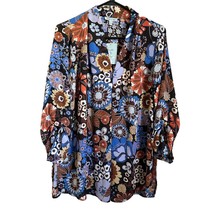 NEW Floral &amp; Ivy Blouse Size 1X Bold Floral Roll Tab Tunic Multicolor Blue Black - £16.27 GBP