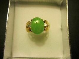 14K Solid Yellow Gold Oval Green Jade Women Ring Size 8 - $498.00