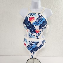 Swimsuit Women&#39;s Floral Leaf Side Cut Out White Blue Pink Small - $17.82