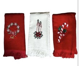 Vintage Mid Century Christmas Hand Towels Embroidered Red Ivory Fringe L... - £13.92 GBP