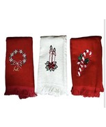 Vintage Mid Century Christmas Hand Towels Embroidered Red Ivory Fringe L... - £14.00 GBP