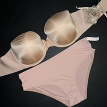 Victoria&#39;s Secret Strapless 36DDD Bra Set L Panty Beige Lightly Lined Illusion - £54.37 GBP