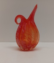 Lefton Vase Art Glass Reddish Orange &amp; White Swirl Ribbed Vintage MCM Pitcher - £29.57 GBP