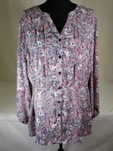 Terra &amp; Sky Womens Shirt 1X 16w-18W Pink Blue Paisley Tie Back Roll Sleeves - £15.68 GBP