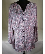 Terra &amp; Sky Womens Shirt 1X 16w-18W Pink Blue Paisley Tie Back Roll Sleeves - $19.99