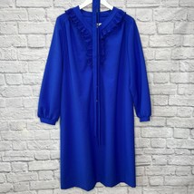 Mendel Vintage 60s 70s Blue Shift Dress Ruffle Button Belt L/XL Long Sleeve  - £64.26 GBP