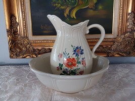 McCoy White Ironstone Pitcher and Bowl # 7529 Ribbed &amp; Flower Design Vintage - £37.36 GBP