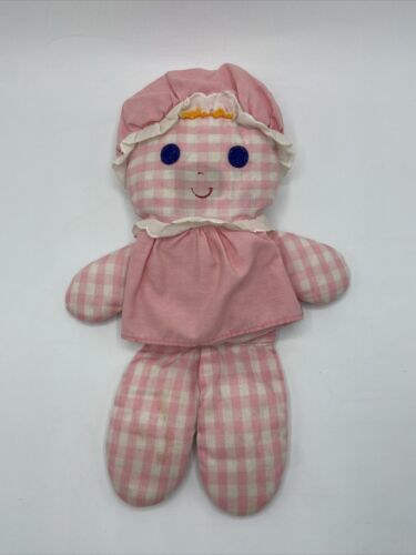 Vintage Fisher Price Lolly Dolly Doll #420 Pink Gingham Rattle Baby Toy 12” - $8.60