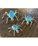 Spider Brooch Pins Insect Trio Aqua Blue Art Deco Brass Spiders - £106.98 GBP