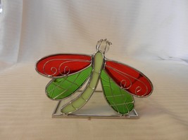 Red &amp; Green Glass With Metal Dragonfly Tea Light Candle Holder - £24.35 GBP