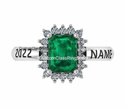 Custom engravable custom birth stone Emerald cut with halo Class ring - £102.94 GBP