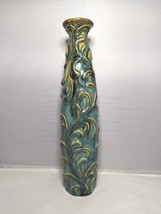 RARE Vintage Majolica Art Pottery Vase  Tall Slim Aqua Drip Glaze Floral Scrolls - £137.29 GBP