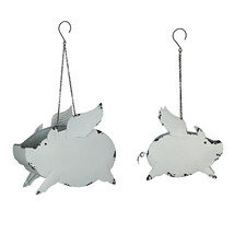 Metal Distressed White Flying Pig Hanging Planter Set Large &amp; Small Flow... - $46.52