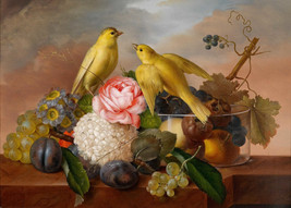 Framed canvas art print giclee still life fruits birds flowers rose plums grapes - £31.57 GBP+