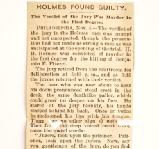 1895 H.H. Holmes Verdict Guilty Worlds Fair Serial Killer Article Victor... - $3,727.80 MXN