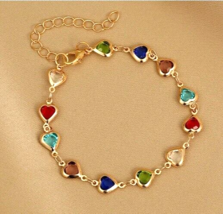 Gold minimalist dainty delicate chain bracelet with multicolour hearts charm  - £11.17 GBP