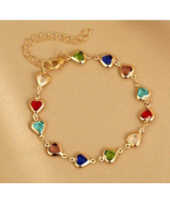 Gold minimalist dainty delicate chain bracelet with multicolour hearts c... - $11.36