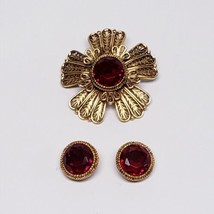 AVANTE Red Zirconia Faceted Garnet Glass And Gold Tone Earrings &amp; Floral Brooch - £31.76 GBP
