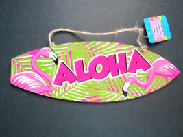 Pink Flamingo Glittery &quot;ALOHA&quot; Die-Cut Pink &amp; Green Wooden Luau Sign 16&quot; x4&quot; NEW - £5.51 GBP