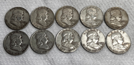 1950&#39;s Halves Franklin Half Dollar 10 Coin Lot 1952D 1953D 1954D 1957D 1958D - £106.73 GBP