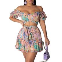 Foral Beach Bohemian Mini Pleated Skirts Set with Crop Tops - £32.35 GBP