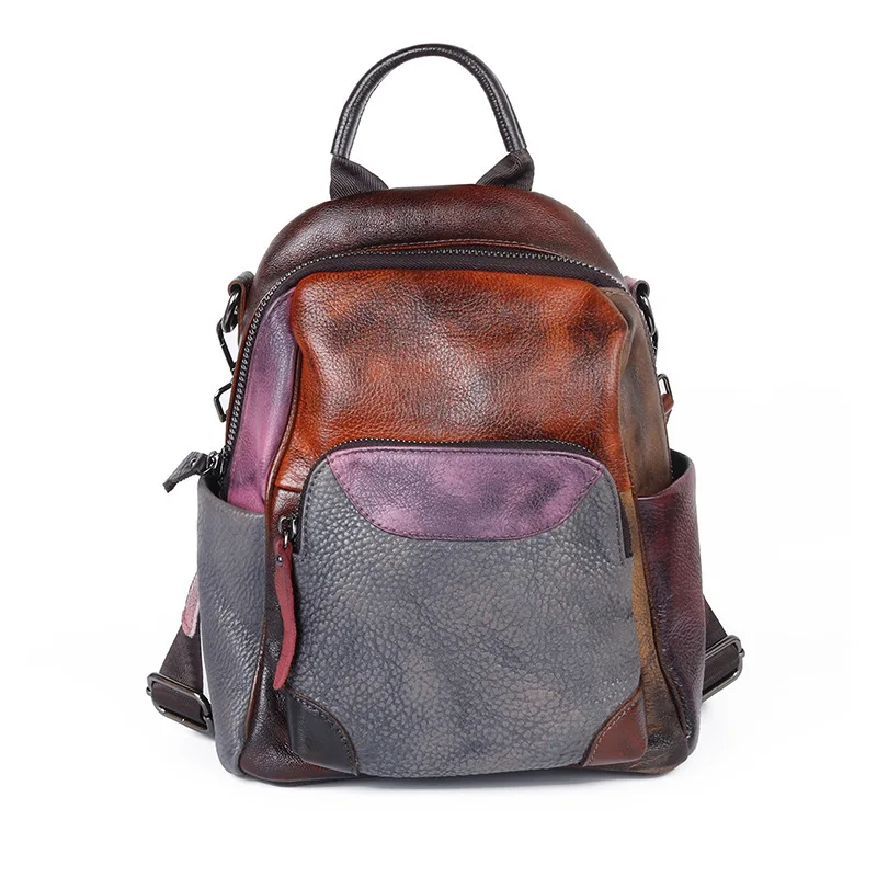 Leather  Women's Backpack  Retro Panelled Cowhide Bags Ladies High Capacity Tra
