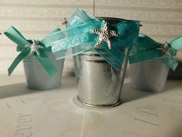 19 pc Wedding Party Favor Buckets w/ Aqua ribbons Star Fish White &amp; Silv... - £12.65 GBP