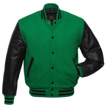 Letterman Varsity Bomber Baseball Jacket Green Body &amp; Black Leather Sleeves - £88.04 GBP