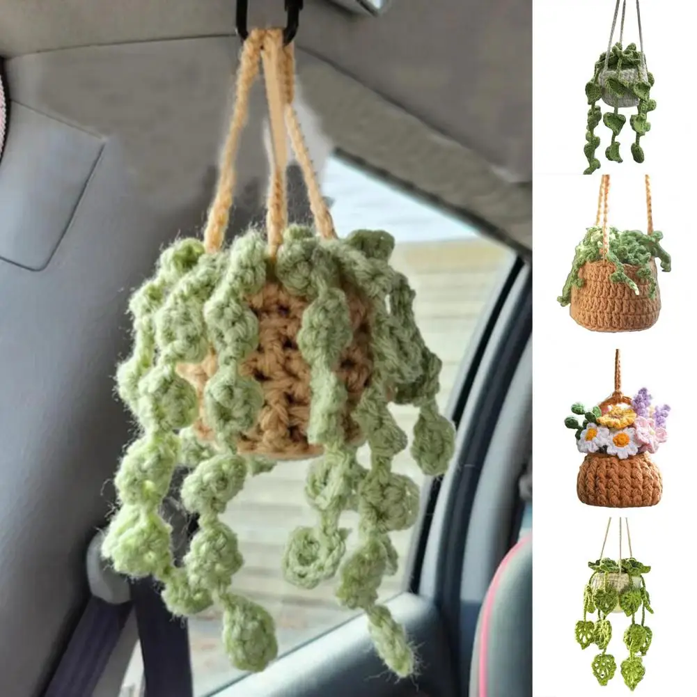 Car Plant Ornament with Lanyard Easy Hanging Cute Potted Plants Crochet Decor - £13.29 GBP+