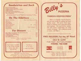 Billy&#39;s Pizzeria Menu Famous Stuffed Pizza 1411 W Lunt Chicago Illinois  - £13.98 GBP