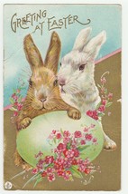 Vintage Postcard Easter Brown and White Bunny Rabbits Egg Pink Flowers Gold - £7.89 GBP