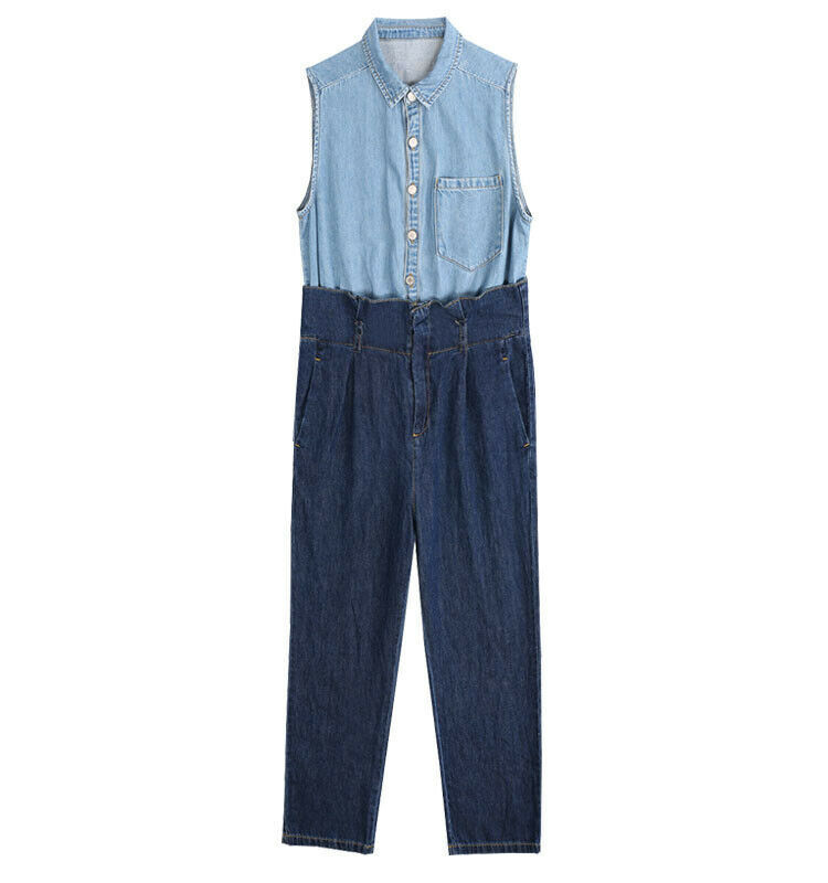 Women's Two-tone Double Denim Sleeveless Belted High Waist Jumpsuit RRP$90 AUS Item image 4