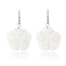 Hand Carved Hibiscus Flower White Mother of Pearl Dangle Earrings - £10.05 GBP