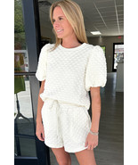 White Solid Puff Sleeve Top and Drawstring Shorts Set - $702.26 MXN
