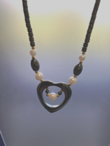 Hematite open heart pendant vintage necklace - $19.75