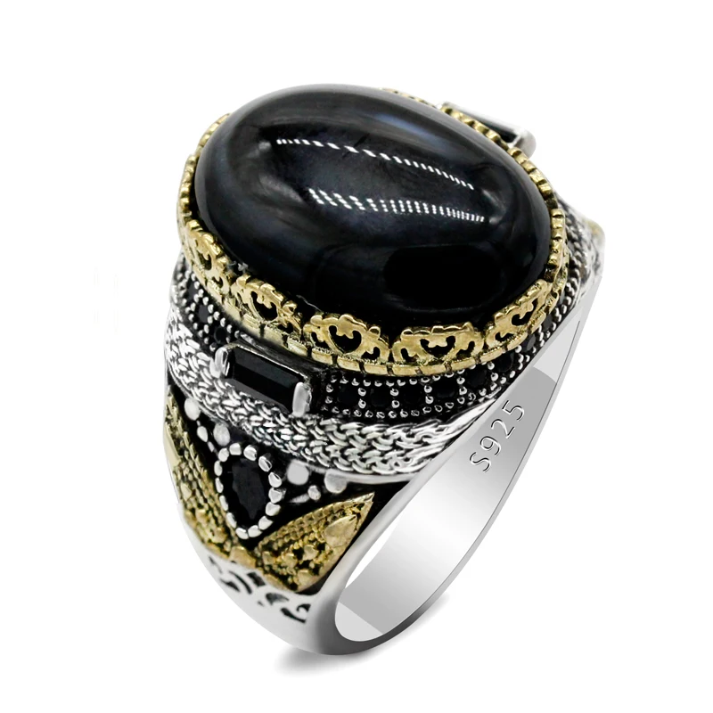 Turkey Jewelry Men Ring with Natural Agate Stone Pure 925 Sterling Silver Vintag - £54.69 GBP