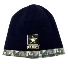 United States US Army Text &amp; Star Logo Black &amp; Green Camo Reversible Uncuffed Kn - $20.53