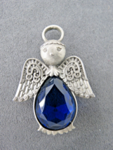 L Razza Angel Brooch Pewter Tone Faceted Blue Glass Pear Stone 2&quot; Rhines... - $9.99