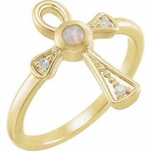 14k Yellow Gold Ethiopian Opal and Diamond Ankh Ring - £595.61 GBP+