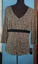 Style &amp; Co Black Beige Shirt Sz L 3/4 Sleeve Blouse Abstract V Neck Ruch... - $14.95