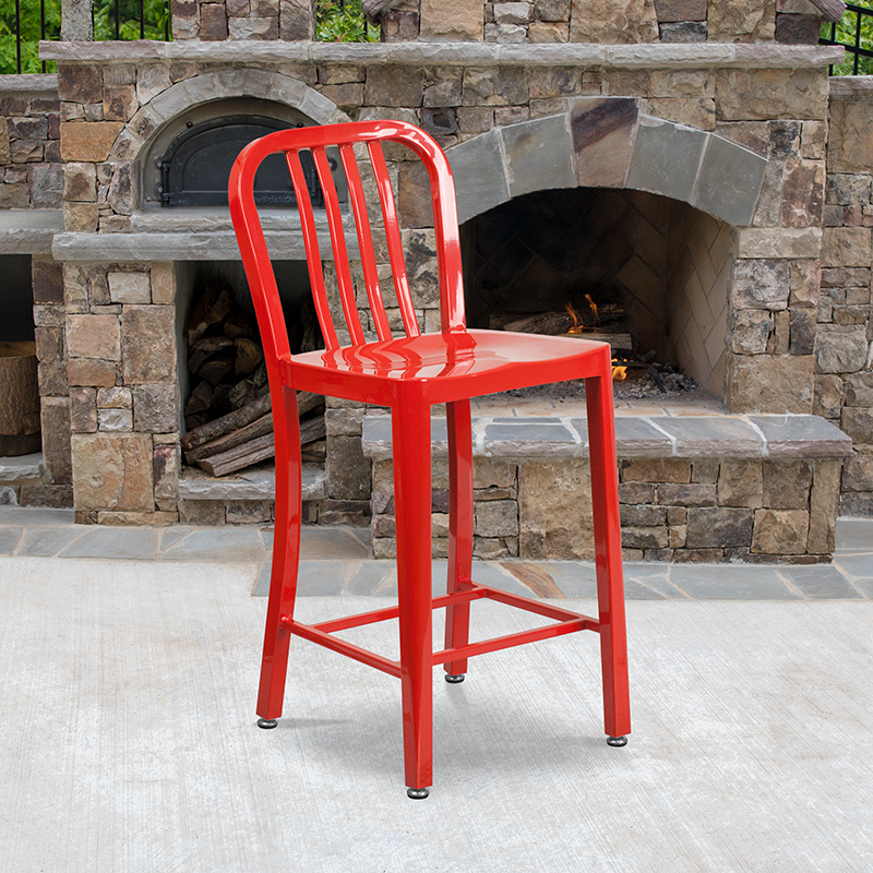 24" Red Metal Outdoor Stool CH-61200-24-RED-GG