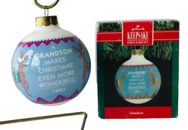 Hallmark Grandson 1991 Christmas Round Glass Keepsake Ornament in Box - £7.04 GBP